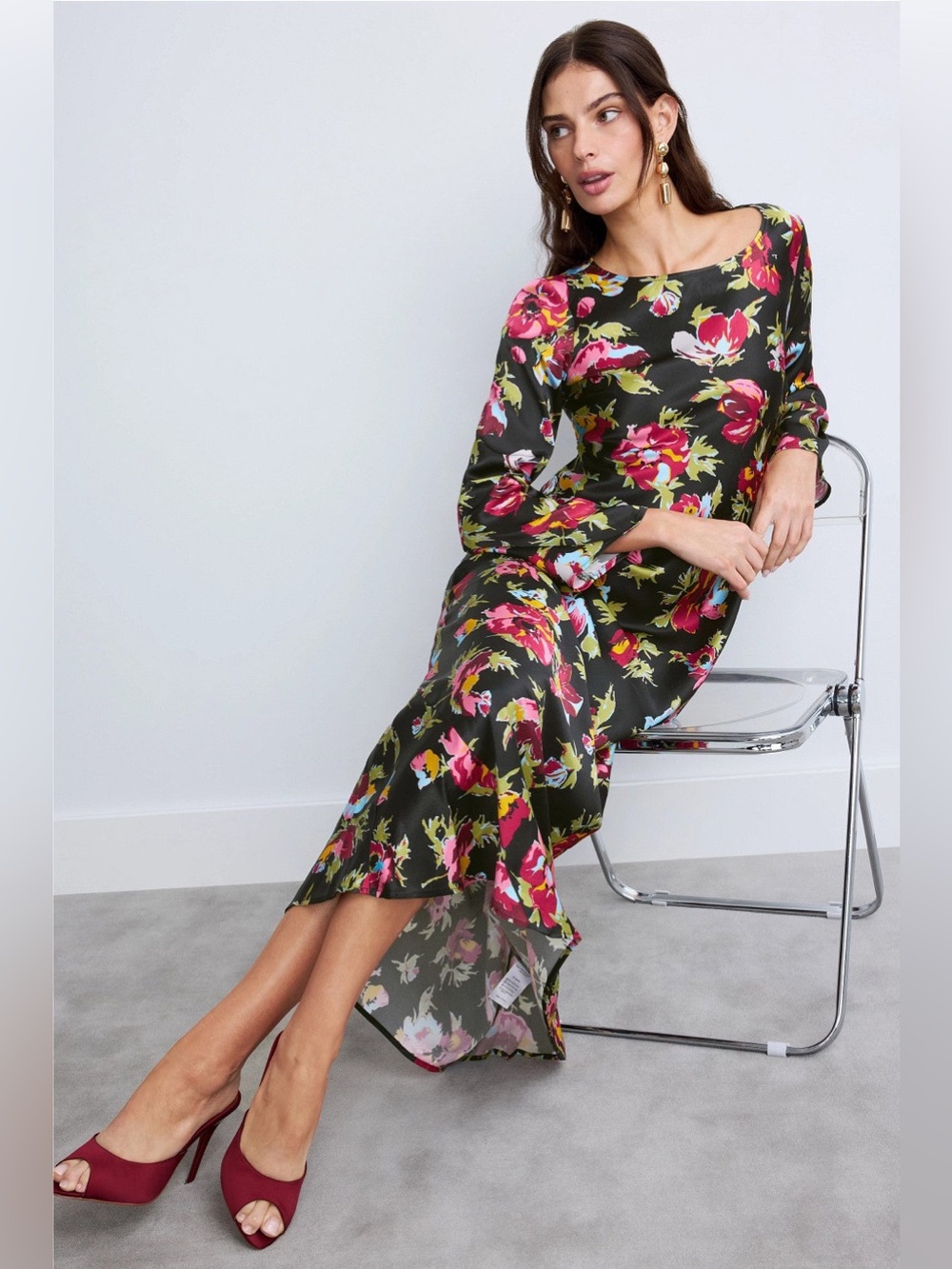 Rixo x RTR Floral Crew Neck Midi Dress Black Pink Long Sleeve Size S